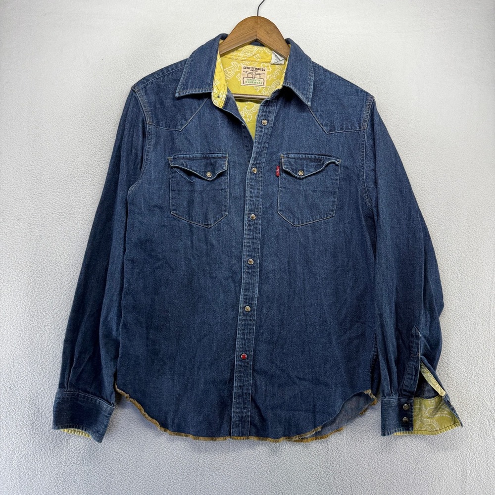 Levi Denim Shirt Mens Small Blue Western Pearl Snap Cowboy Rodeo Retro Dark Wash
